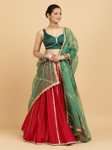 Madhuri Ishika 4-Pc Lehenga Set x Tyohaar | Red Lehenga, Bottle Green Blouse with Panna Emerald Green Dupatta and Cancan Skirt