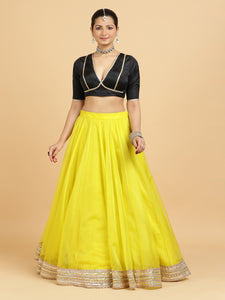 Farah Zeenat 4-Pc Lehenga Set x Tyohaar | Lemon Yellow Lehenga, Charcoal Black Blouse with Chandni Black Dupatta and Cancan Skirt