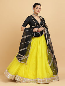 Farah Zeenat 4-Pc Lehenga Set x Tyohaar | Lemon Yellow Lehenga, Charcoal Black Blouse with Chandni Black Dupatta and Cancan Skirt