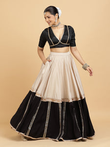 Mastani Zeenat 3-Piece Lehenga Set | Grey Black Colour Blocked Lehenga, Charcoal Black Blouse | With Chandni Black Dupatta