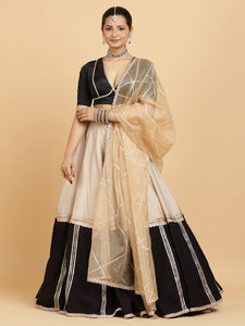 Mastani Zeenat 3-Piece Lehenga Set | Grey Black Colour Blocked Lehenga, Charcoal Black Blouse | With Sunheri Gold Dupatta