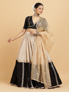 Mastani Zeenat 3-Piece Lehenga Set | Grey Black Colour Blocked Lehenga, Charcoal Black Blouse | With Sunheri Gold Dupatta