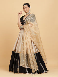 Mastani Zeenat 3-Piece Lehenga Set | Grey Black Colour Blocked Lehenga, Charcoal Black Blouse | With Sunheri Gold Dupatta