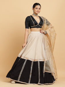 Mastani Zeenat 3-Piece Lehenga Set | Grey Black Colour Blocked Lehenga, Charcoal Black Blouse | With Sunheri Gold Dupatta