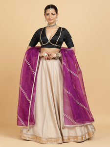 Zainab Zeenat 4-Pc Lehenga Set x Tyohaar | Oyster Grey Lehenga, Charcoal Black Blouse with Falak Purple Dupatta and Cancan Skirt