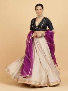 Zainab Zeenat 3-Piece Lehenga Set | Oyster Grey Lehenga, Charcoal Black Blouse | With Falak Purple Dupatta