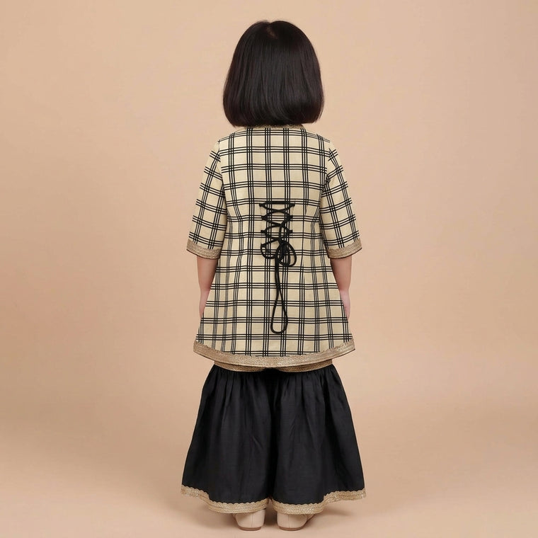 Misha x Tyohaar | Angrakha-Sharara Set in Cream Windowpane Check Block Print Cotton