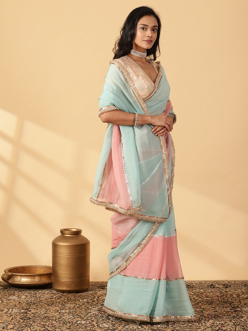 Cloudy Pink & Powder Blue Viscose Organza Multi Panelled Saree With Designer Lace