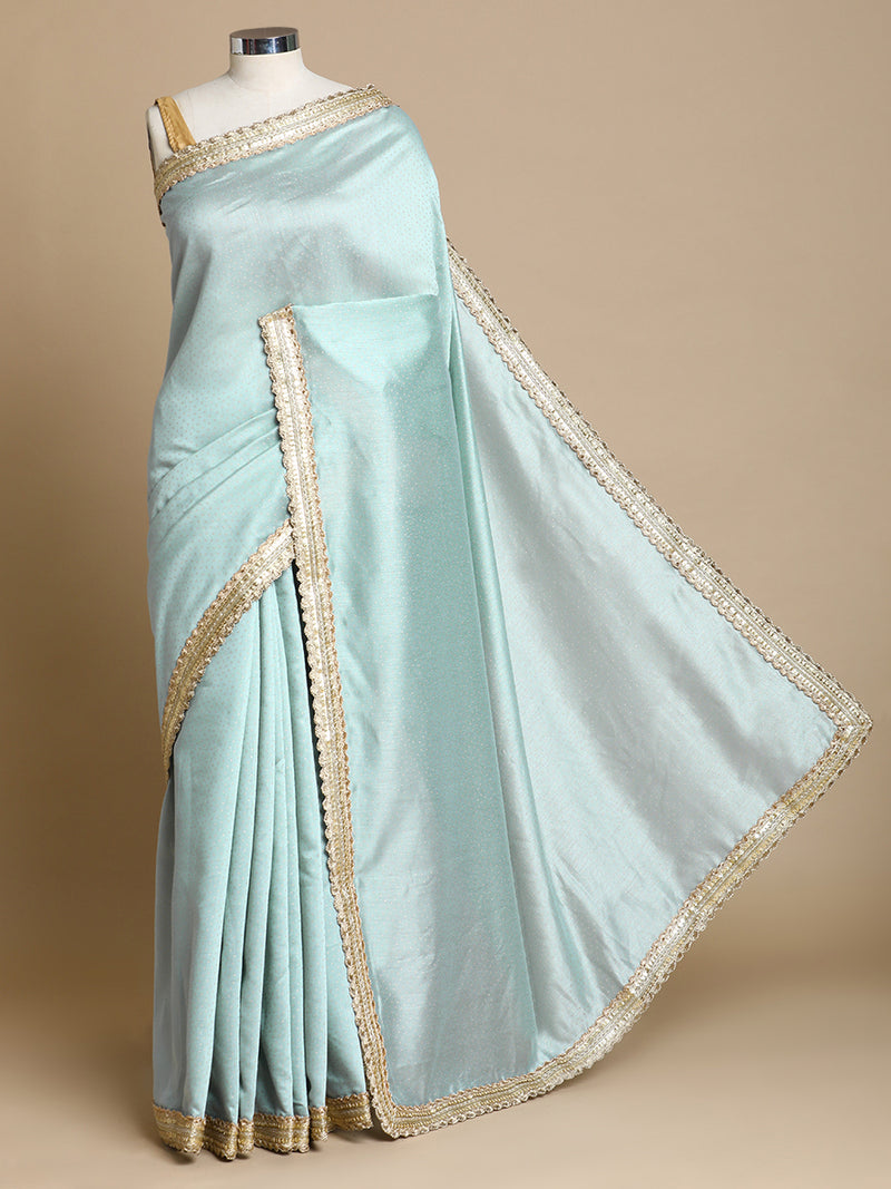 Anwesha x Tyohaar | Blue Green Foil Chandheri Saree With Designer Embroidered Lace