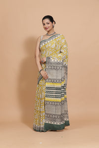 Hand Block Printed Mustard Cotton Mulmul saree