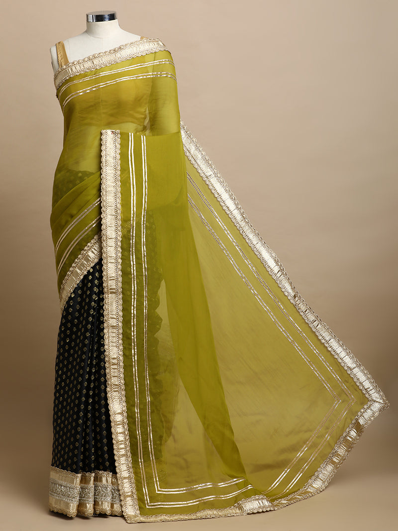 Tazmin x Tyohaar | Black Satin Viscose Butta & Amber Olive Viscose Organza Saree With Gotta Work Designer Lace