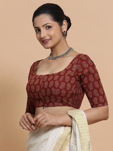 Upasana x Rozaana | Elbow Sleeves Cotton Saree Blouse in Red Mango Block Print Fabric