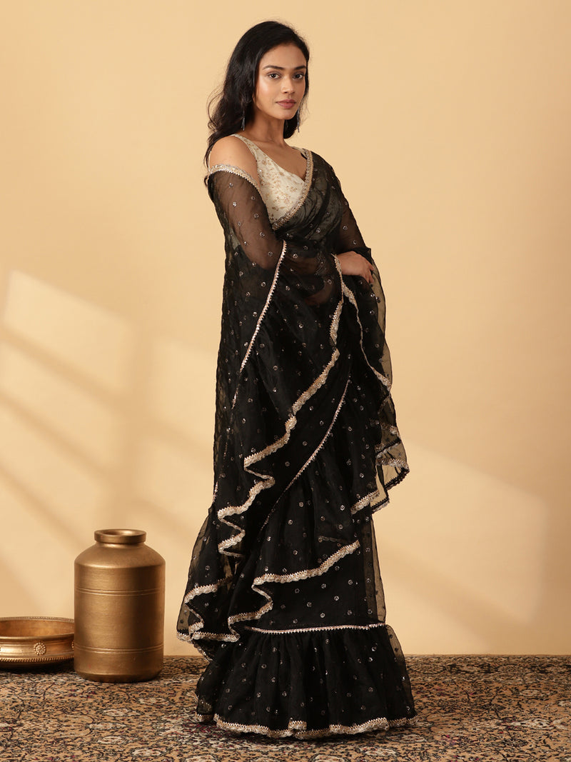 Black Organza Sequin Butta Ruffle Saree With Designer Lace