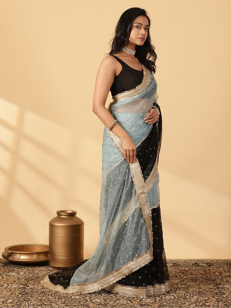 Blue & Black Organza Sequin Butta Saree With Designer Embroidered Lace