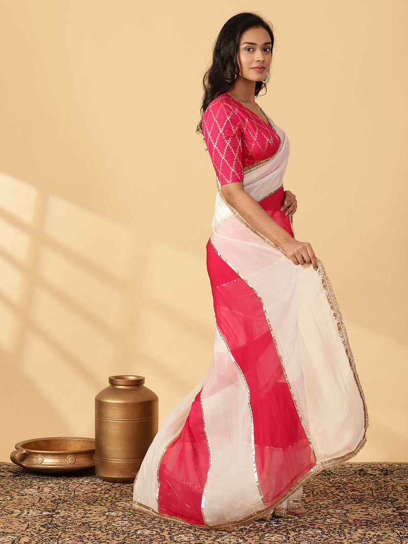 Pink Rush & Frost White Viscose Organza Multi Panelled Saree With Designer Lace