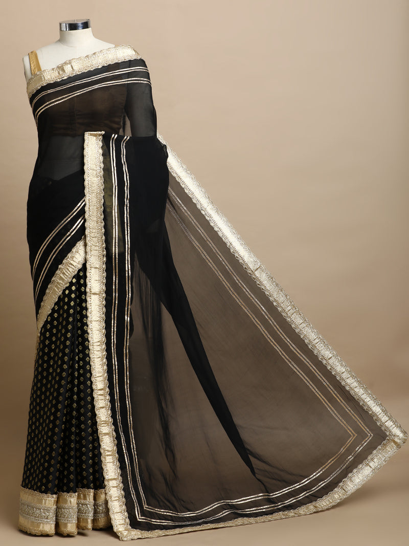 Tazmin x Tyohaar | Black Satin Viscose Butta & Viscose Organza Saree With Gotta Work Designer Lace
