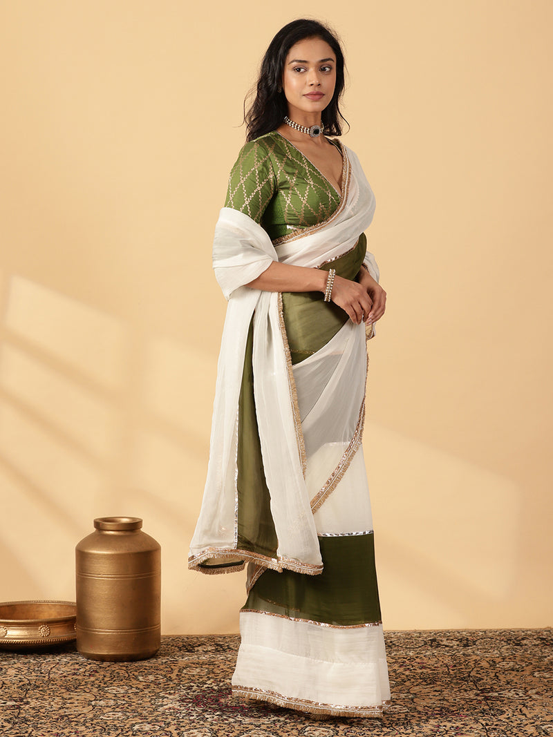 Harvest Green & Frost White Viscose Organza Multi Panelled Saree With Designer Lace