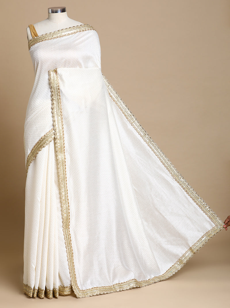 Anwesha x Tyohaar | White Foil Chandheri Saree With Designer Embroidered Lace