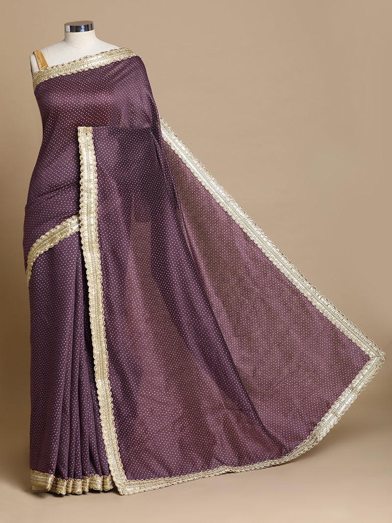 Anwesha x Tyohaar | Purple Foil Chandheri Saree With Designer Embroidered Lace