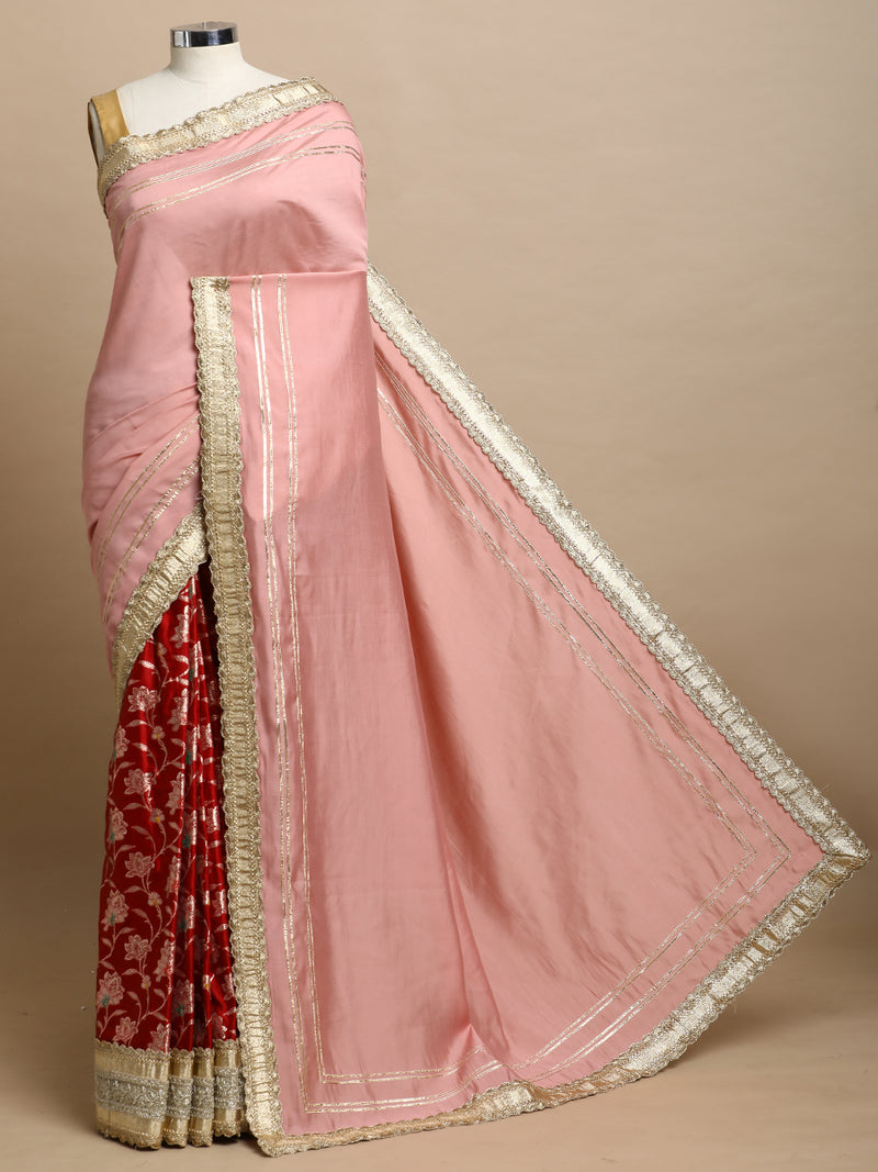 Nishita x Tyohaar | Meenakari Red Brocade & Sea Pink Viscose Saree With Gotta Work Designer Lace