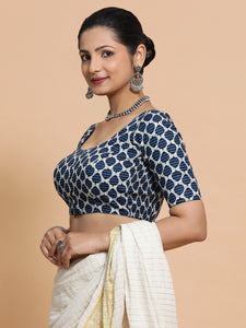 Hita x Rozaana | Elbow Sleeves Cotton Saree Blouse in Indigo Blue Leaf Block Print Fabric