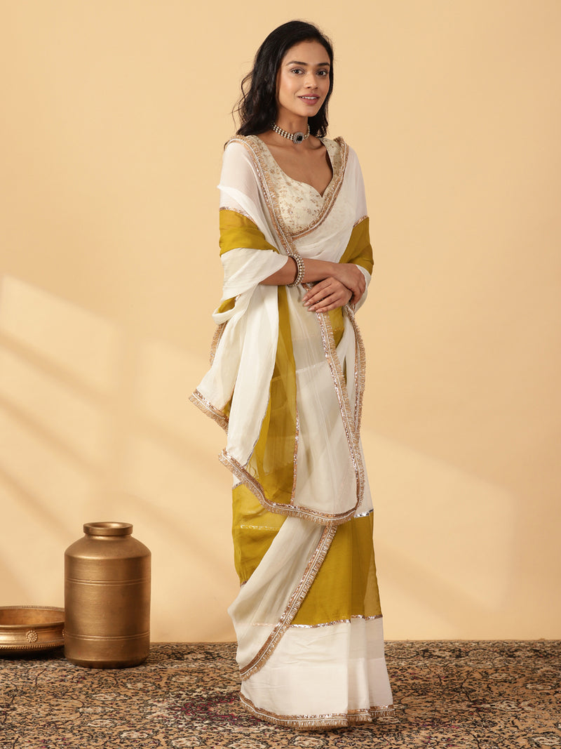 Amber Olive & Frost White Viscose Organza Multi Panelled Saree With Designer Lace