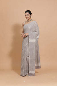 Hand Block Printed Grey Striped Cotton Mulmul saree