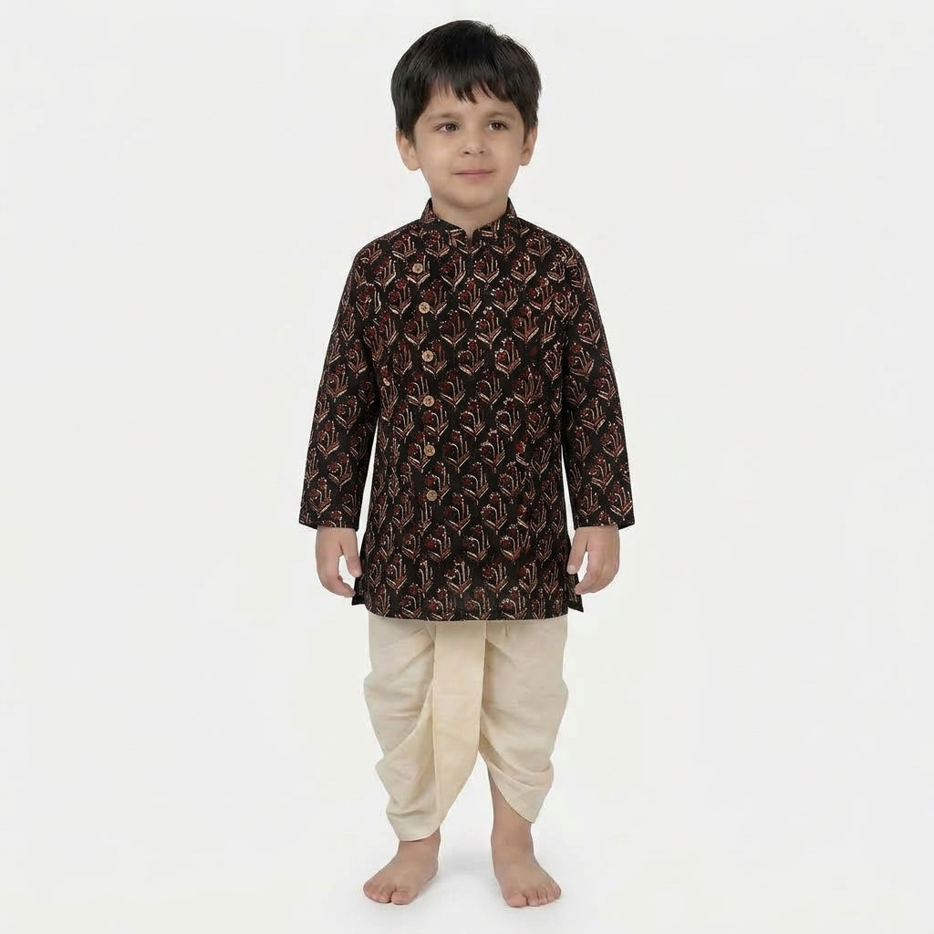 Rudra x Tyohaar | Kurta & Dhoti Pant Set in Midnight Lily Block Print Cotton & Linen