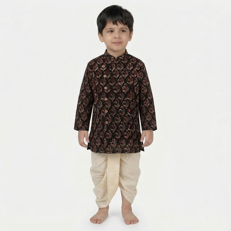 Rudra x Tyohaar | Kurta & Dhoti Pant Set in Midnight Lily Block Print Cotton & Linen