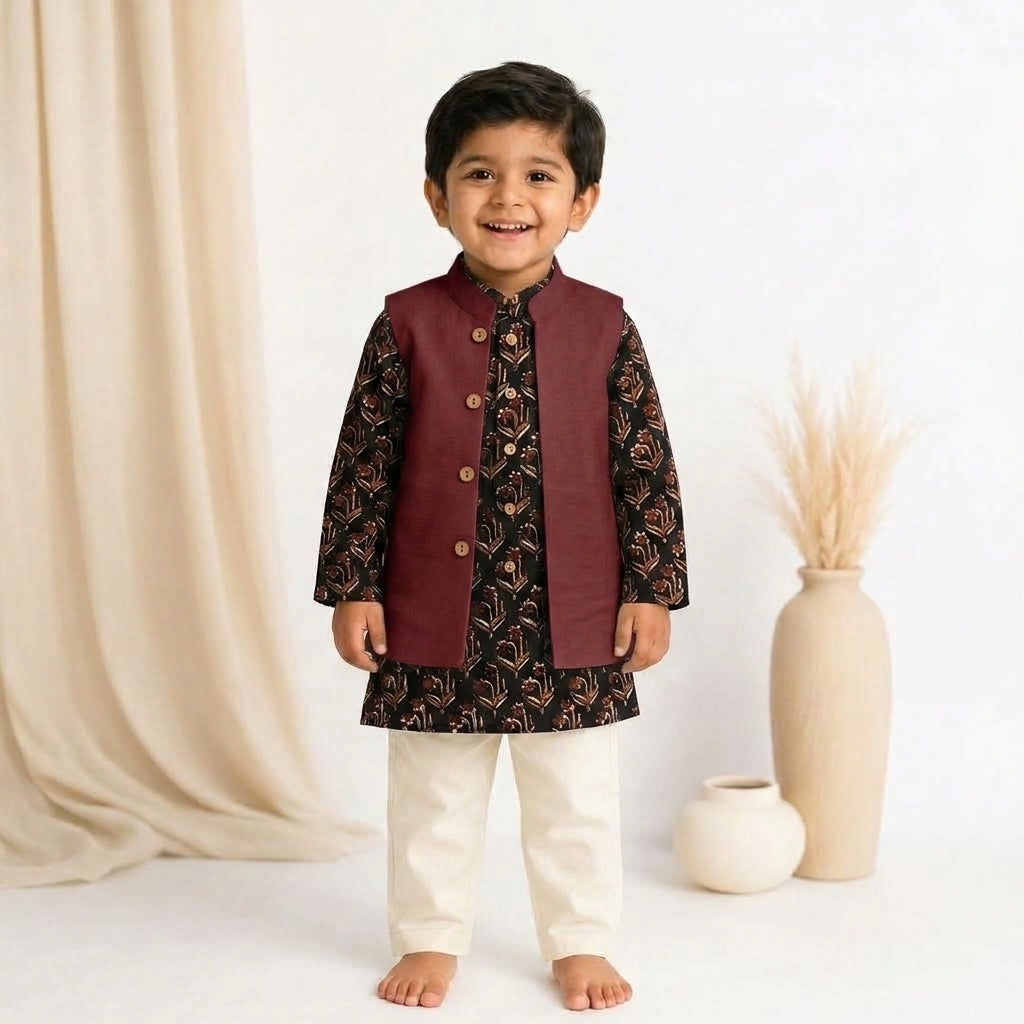 Darsh x Tyohaar | Kurta Pant & Jacket Set in Midnight Lily Block Print Cotton & Linen