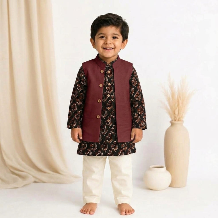 Darsh x Tyohaar | Kurta Pant & Jacket Set in Midnight Lily Block Print Cotton & Linen