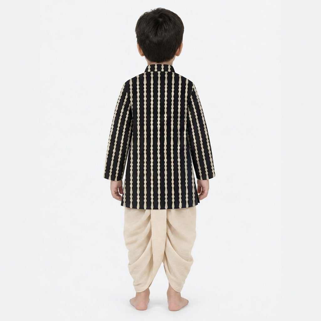 Arlo x Tyohaar | Kurta & Dhoti Pant Set in Earthy Black Stripes Block Print Cotton & Linen
