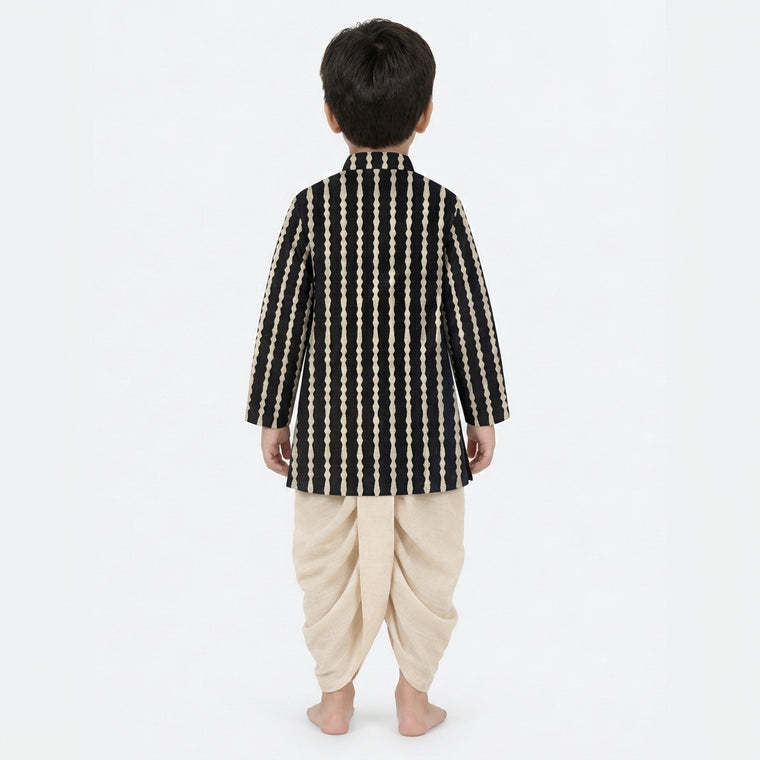 Arlo x Tyohaar | Kurta & Dhoti Pant Set in Earthy Black Stripes Block Print Cotton & Linen