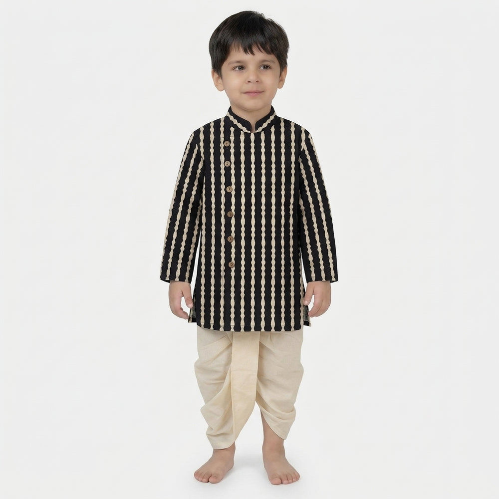 Arlo x Tyohaar | Kurta & Dhoti Pant Set in Earthy Black Stripes Block Print Cotton & Linen