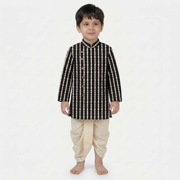Arlo x Tyohaar | Kurta & Dhoti Pant Set in Earthy Black Stripes Block Print Cotton & Linen