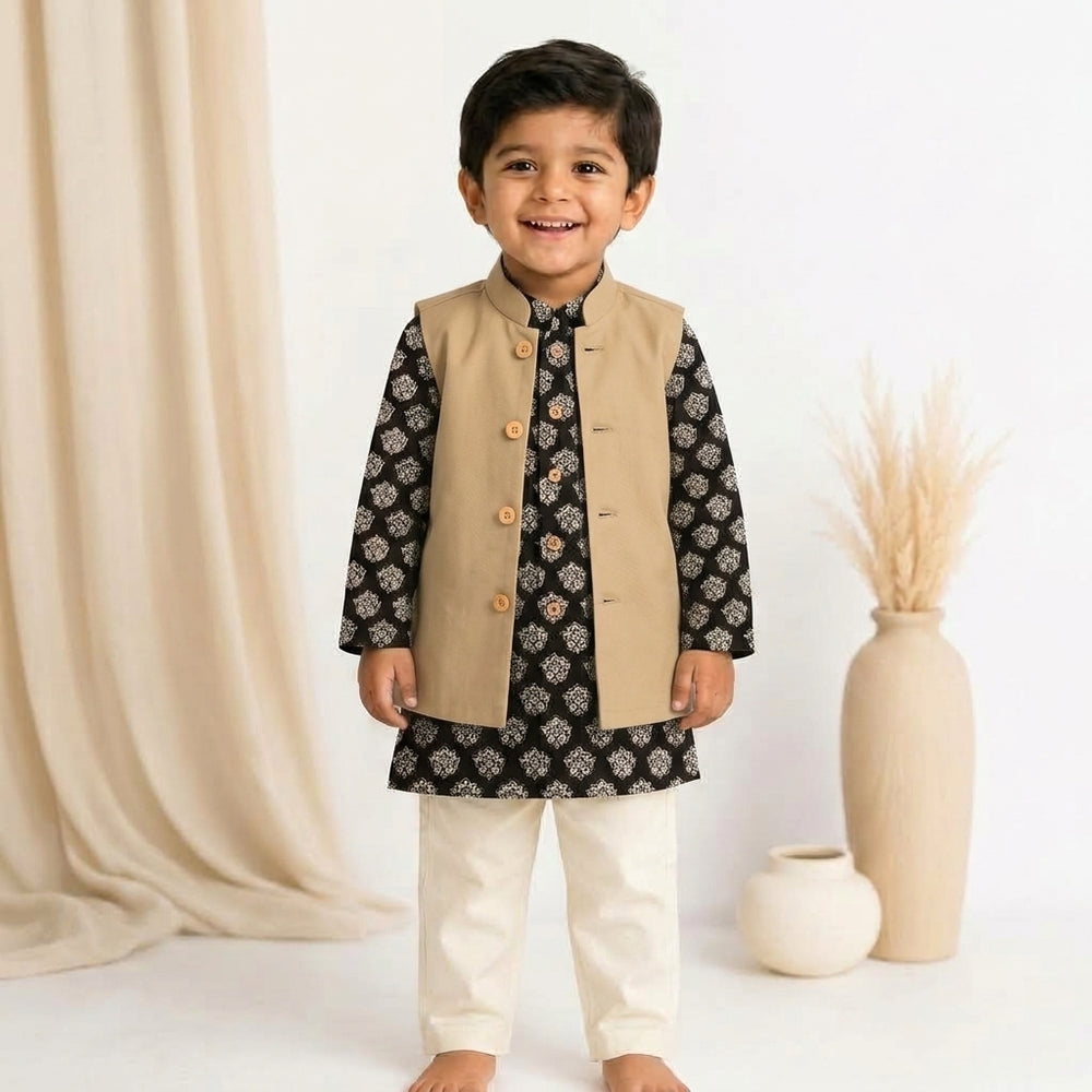 Ayan x Tyohaar | Kurta Pant & Jacket Set in Black Floral Block Print Cotton & Linen