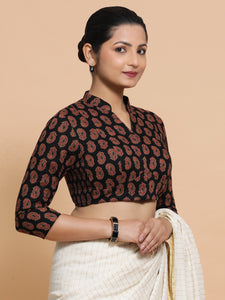 Inaaya x Rozaana | Three Quarter Sleeves Cotton Saree Blouse in Black Mango Block Print Fabric