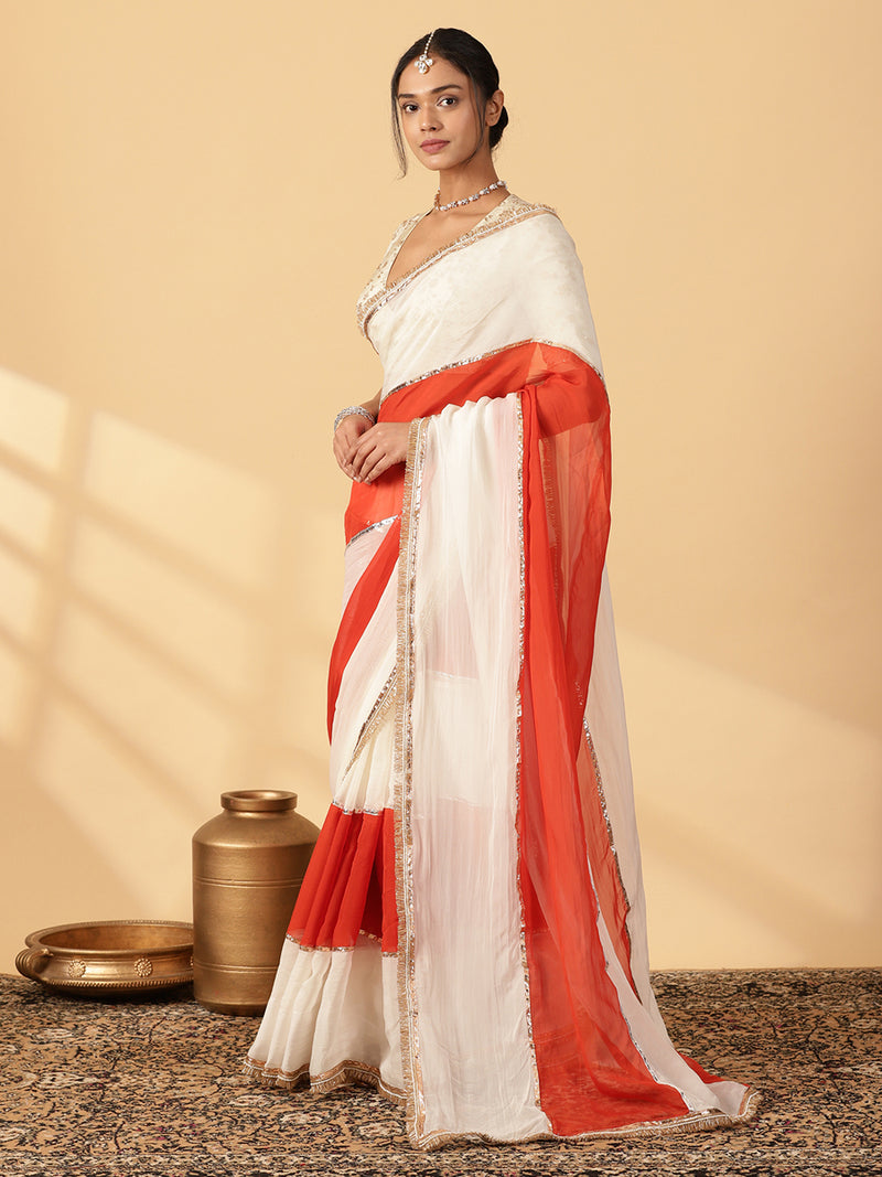 Candy Orange & Frost White Viscose Organza Multi Panelled Saree With Designer Lace