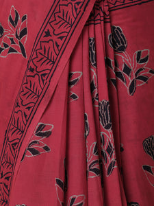 Hand Block Printed Red Cotton Mulmul saree