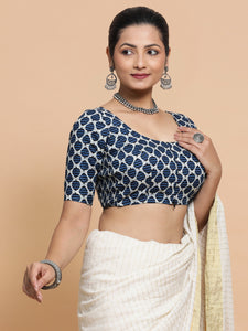 Hita x Rozaana | Elbow Sleeves Cotton Saree Blouse in Indigo Blue Leaf Block Print Fabric