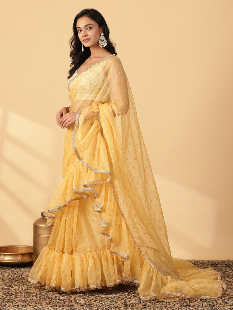 Gold Organza Sequin Butta Ruffle Saree With Designer Lace