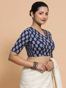 Kirti x Rozaana | Elbow Sleeves Cotton Saree Blouse in Indigo Blue Flower Block Print Fabric