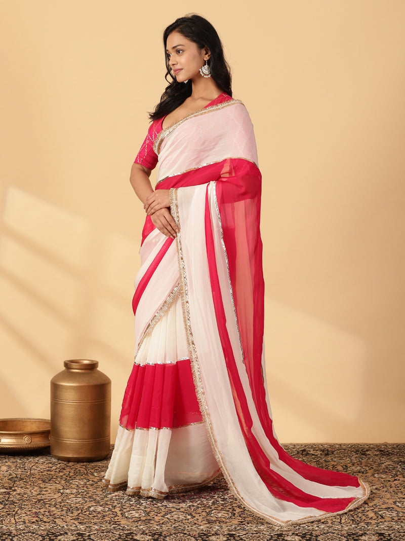 Pink Rush & Frost White Viscose Organza Multi Panelled Saree With Designer Lace