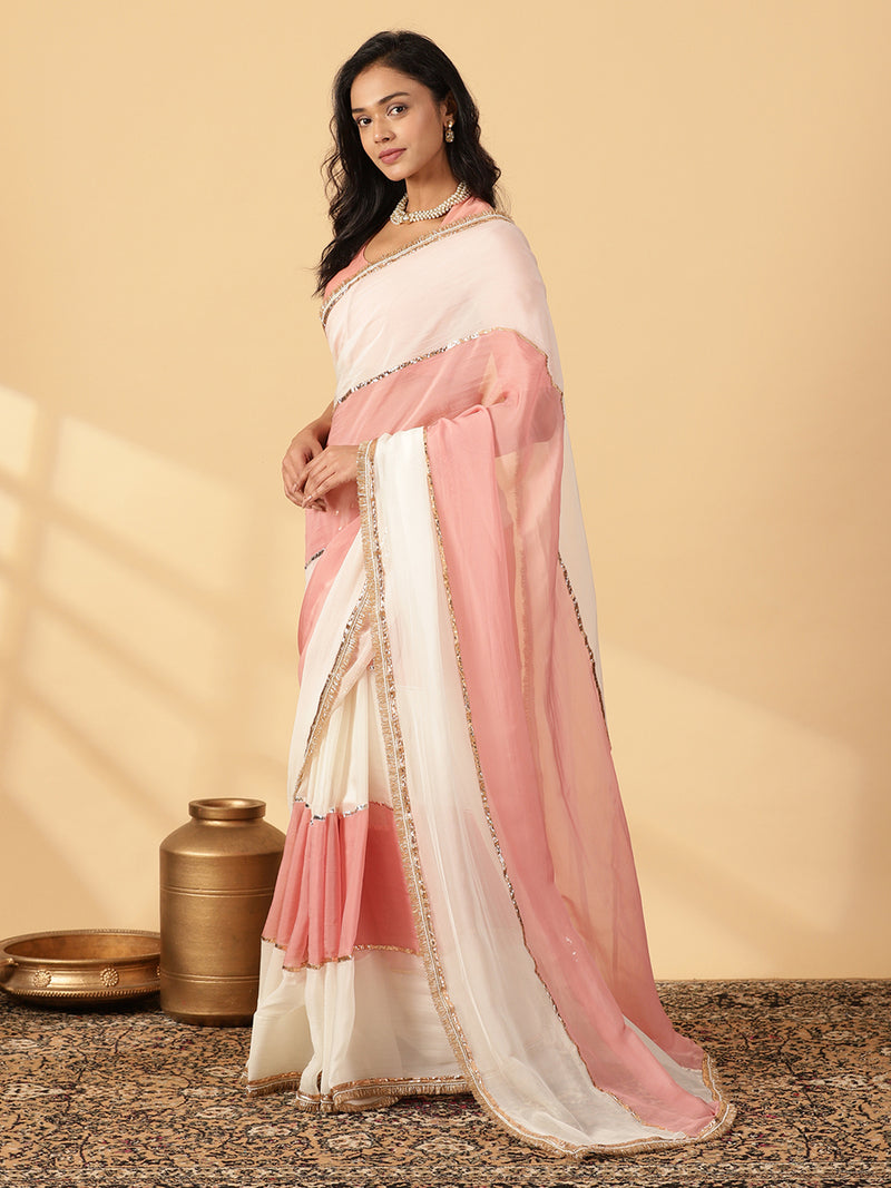 Cloudy Pink & Frost White Viscose Organza Multi Panelled Saree With Designer Lace