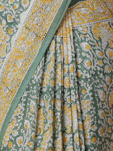 Hand Block Printed Green Cotton Mulmul saree