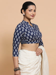 Ura x Rozaana | Three Quarter Sleeves Cotton Saree Blouse in Indigo Blue Flower Block Print Fabric