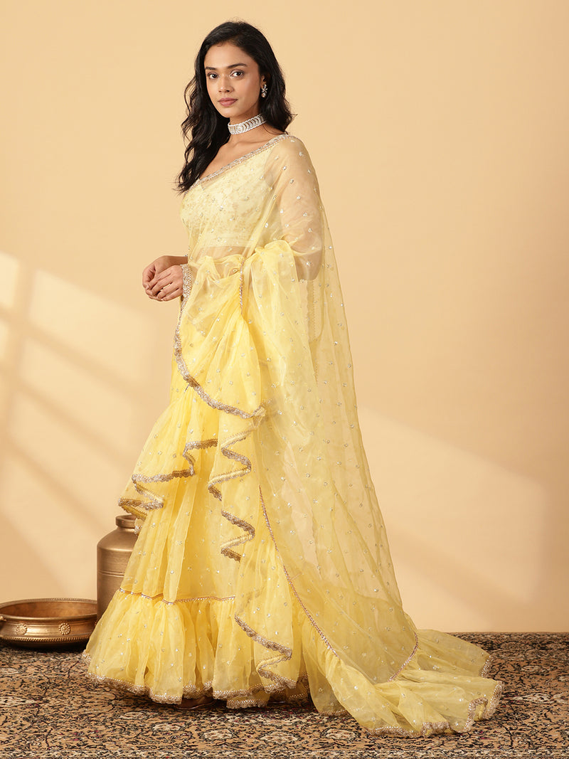 Light Yellow Organza Sequin Butta Ruffle Saree With Designer Lace