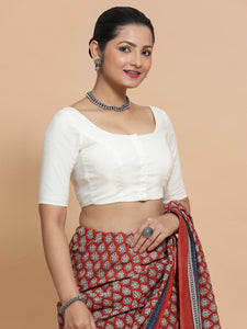 Lahari x Rozaana | Round Neck Ivory Mist Plain Cotton Saree Blouse