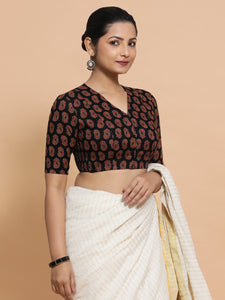 Ishani x Rozaana | Elbow Sleeves Cotton Saree Blouse in Black Mango Block Print Fabric