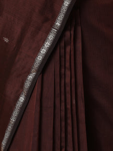 Maheshwari Cotton Silk Brown Chameli Butta Saree with Silver Border